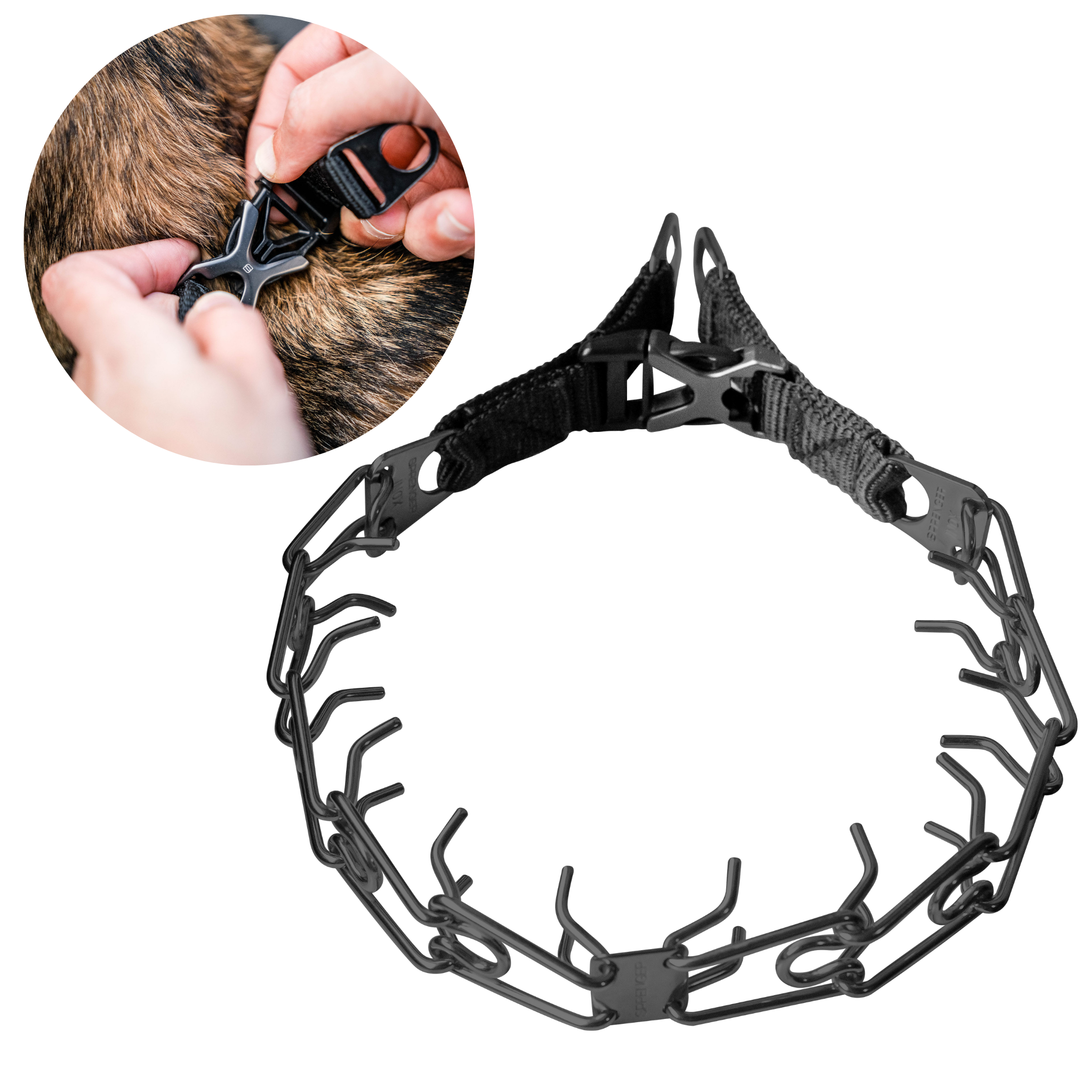 ULTRA-PLUS Training Prong Collar with Center-Plate & Spyder Buckle - Stainless Steel Black